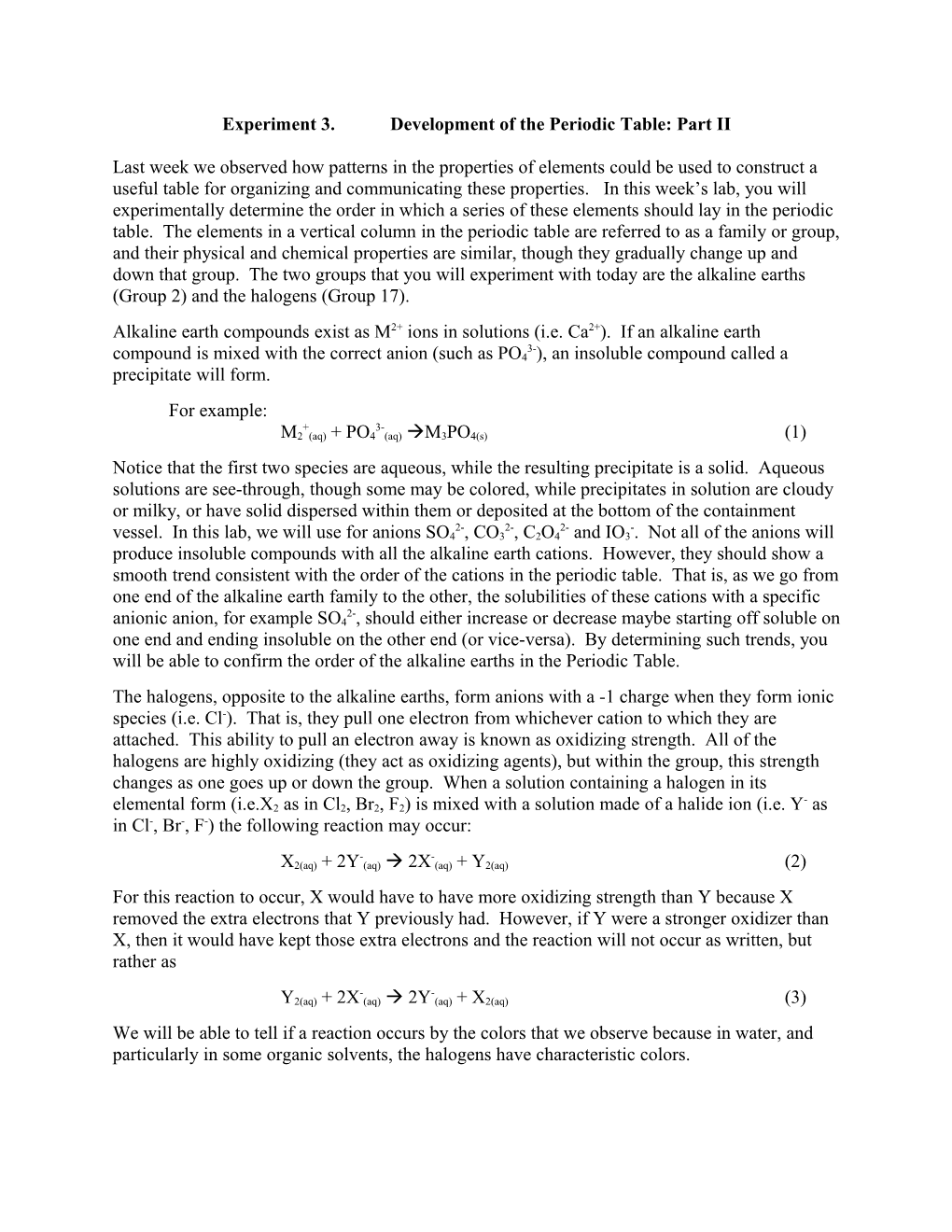 Experiment 3.Development of the Periodic Table: Part II