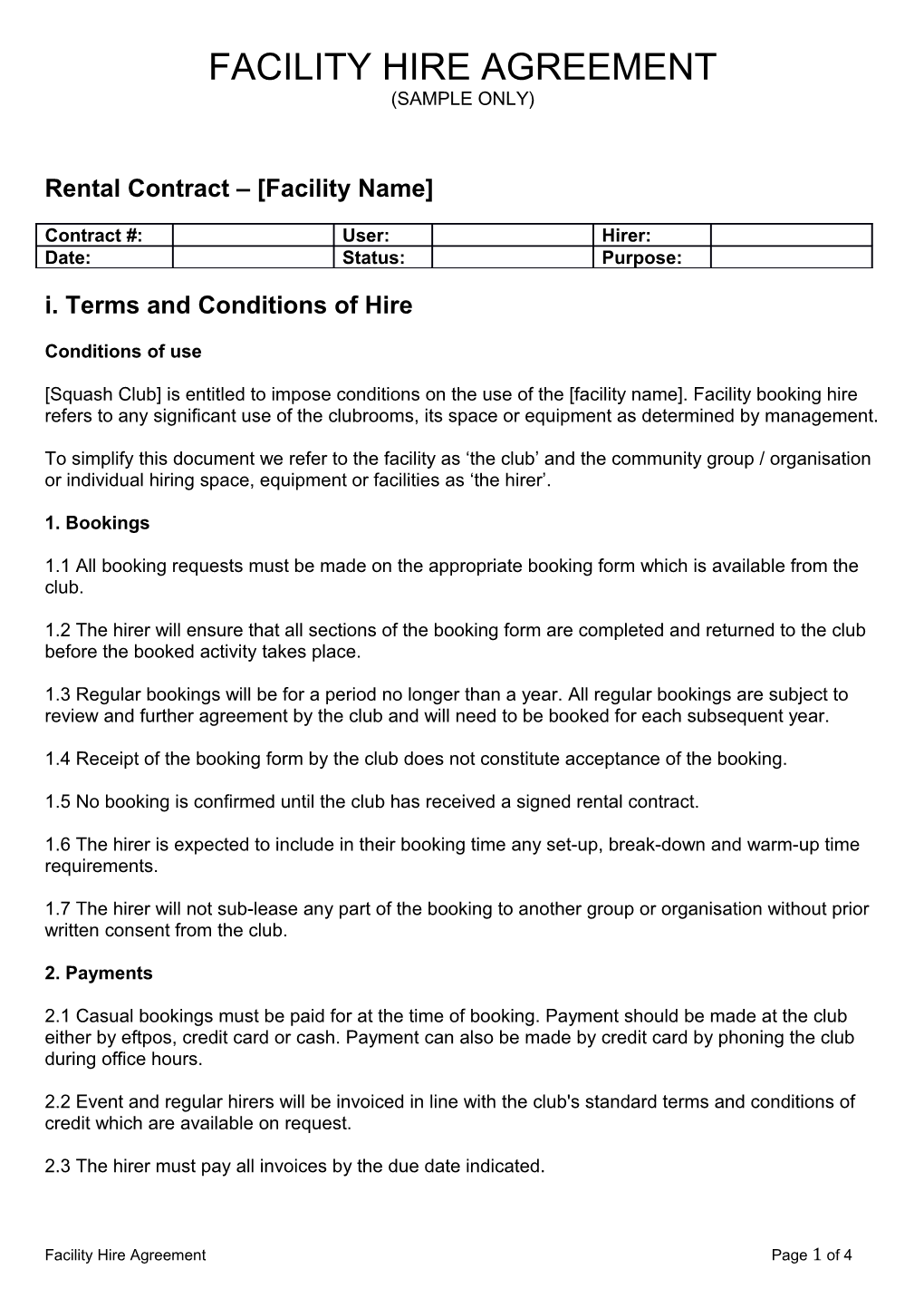 Rental Contract Facility Name