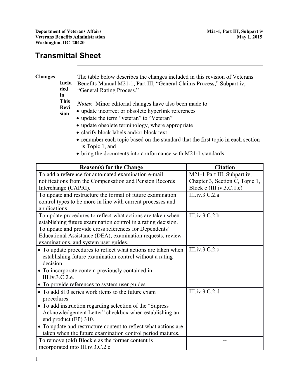 Department of Veterans Affairs M21-1, Part III, Subpart Iv s1