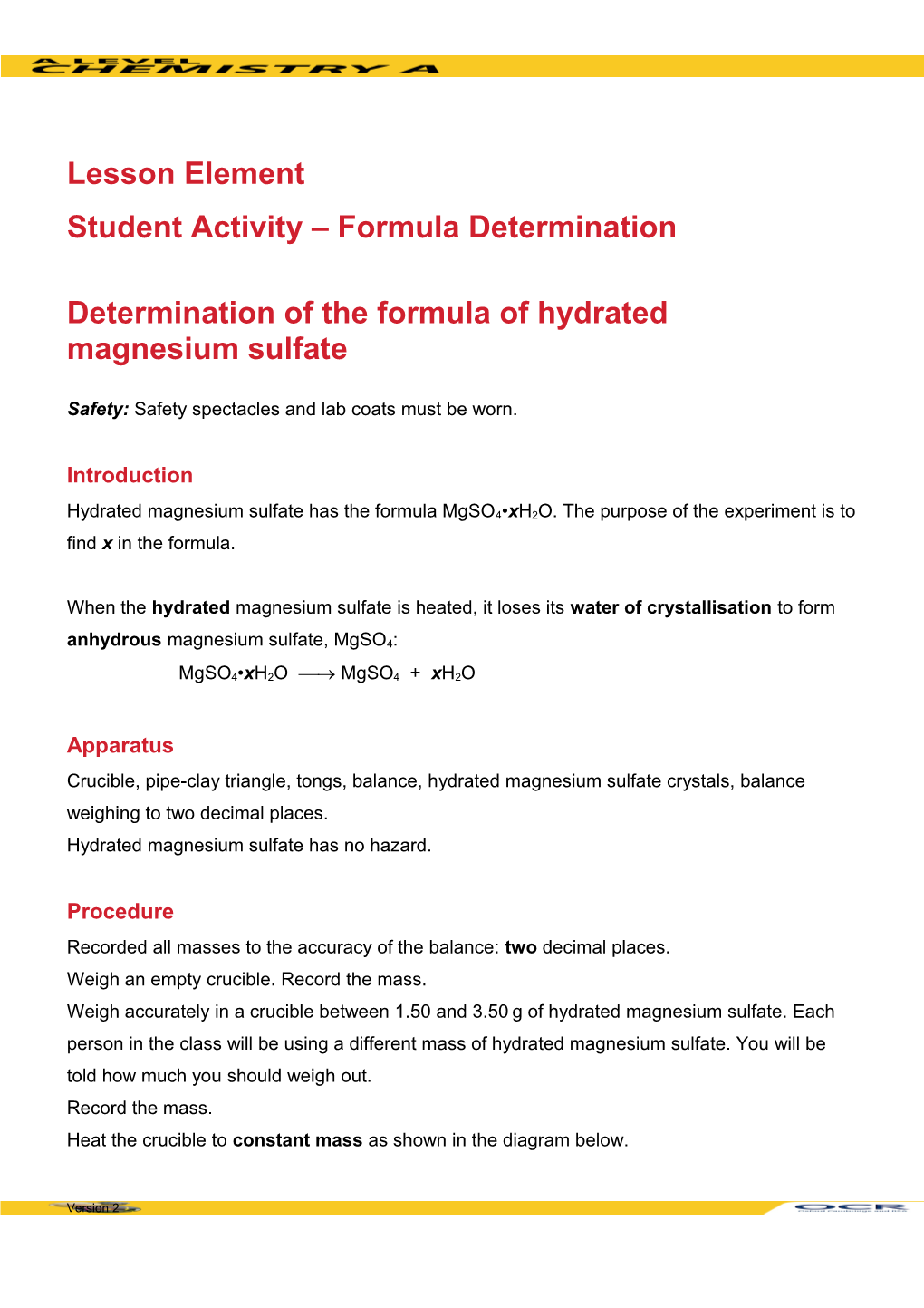 A Level Chemistrya Lesson Element Learner Activity (Formula Determination)