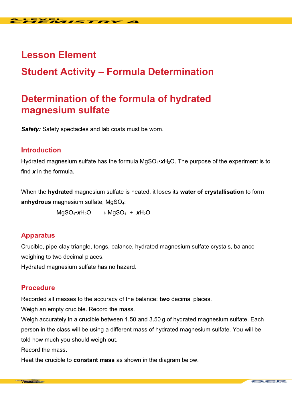 A Level Chemistrya Lesson Element Learner Activity (Formula ...