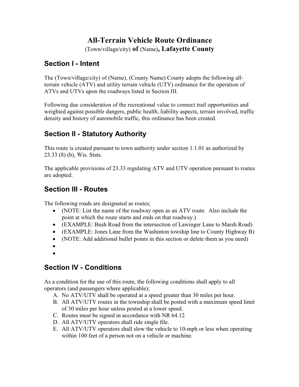 All-Terrain Vehicle Route Ordinance