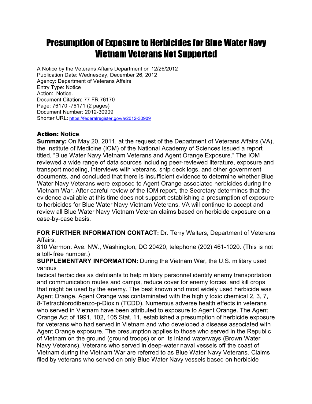 Presumption of Exposure to Herbicides for Bluewater Navy Vietnam Veterans Not Supported