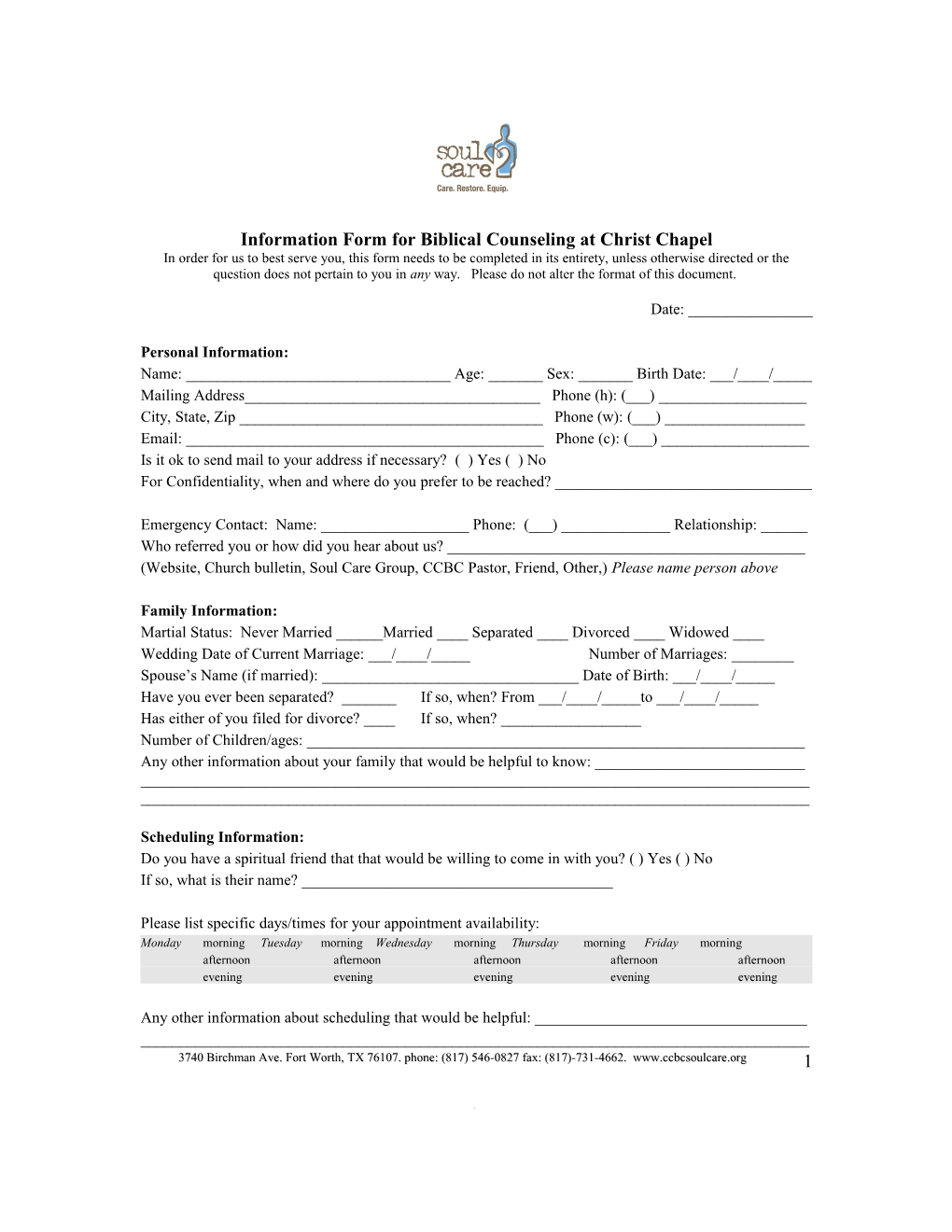 Information Form for Biblical Counseling at Christ Chapel