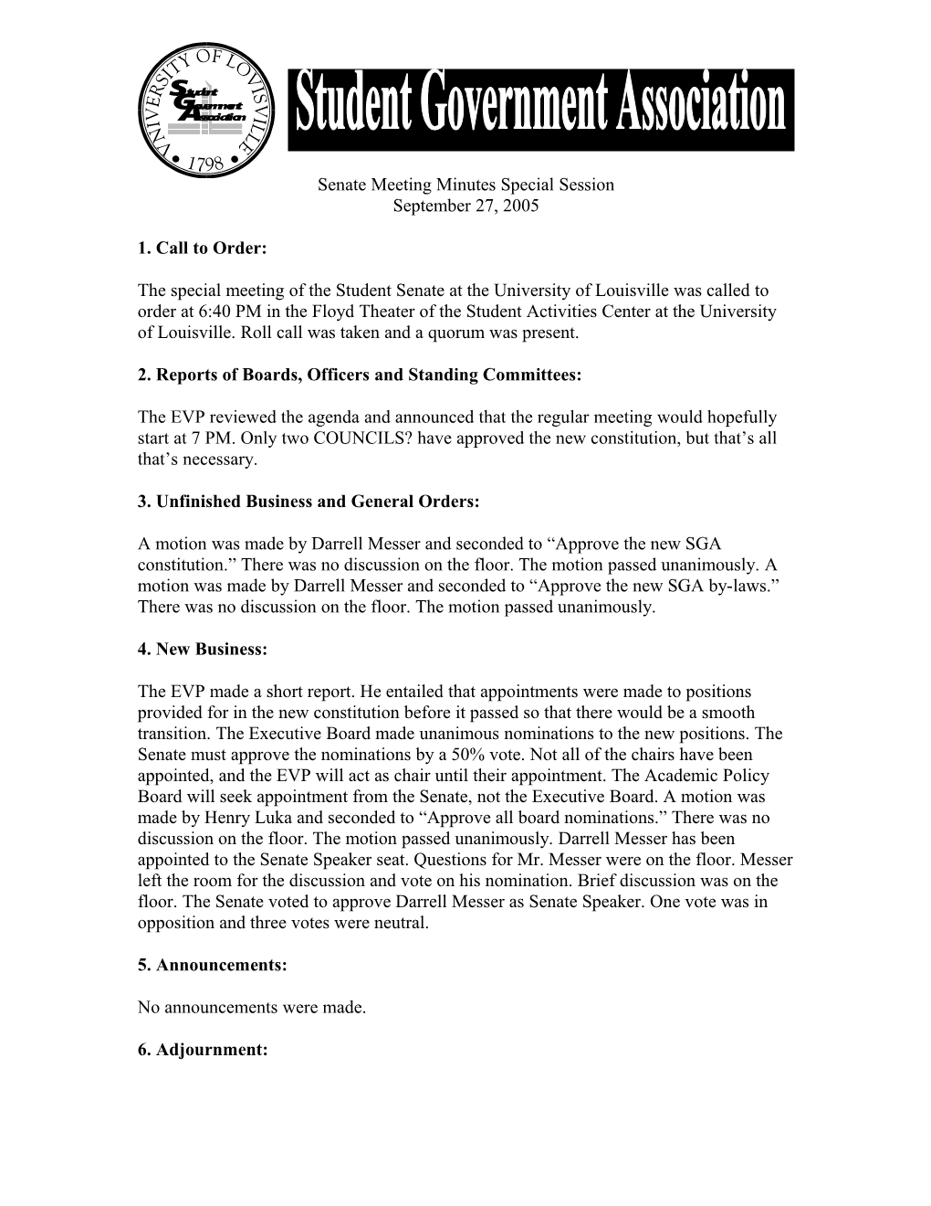 SGA Senate Meeting Minutes Special Session Sept.27, 2005