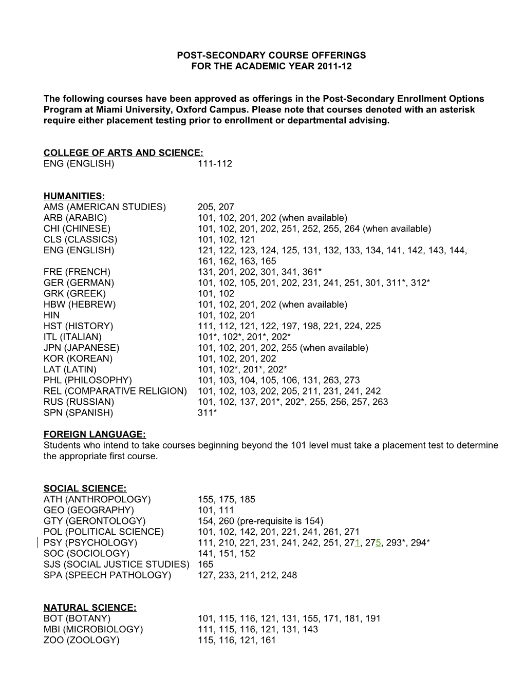 Post-Secondary Course Offerings