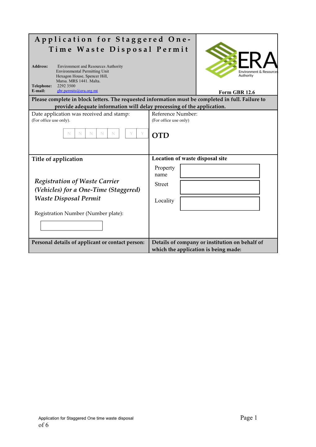 Application for Staggered One-Time Waste Disposalpermit