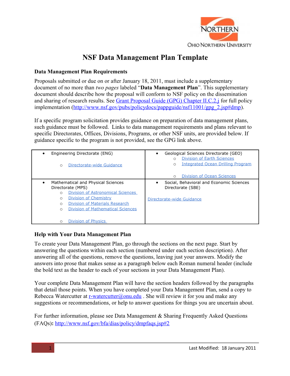 NSF Data Management Plan Instructions - Template - Generic