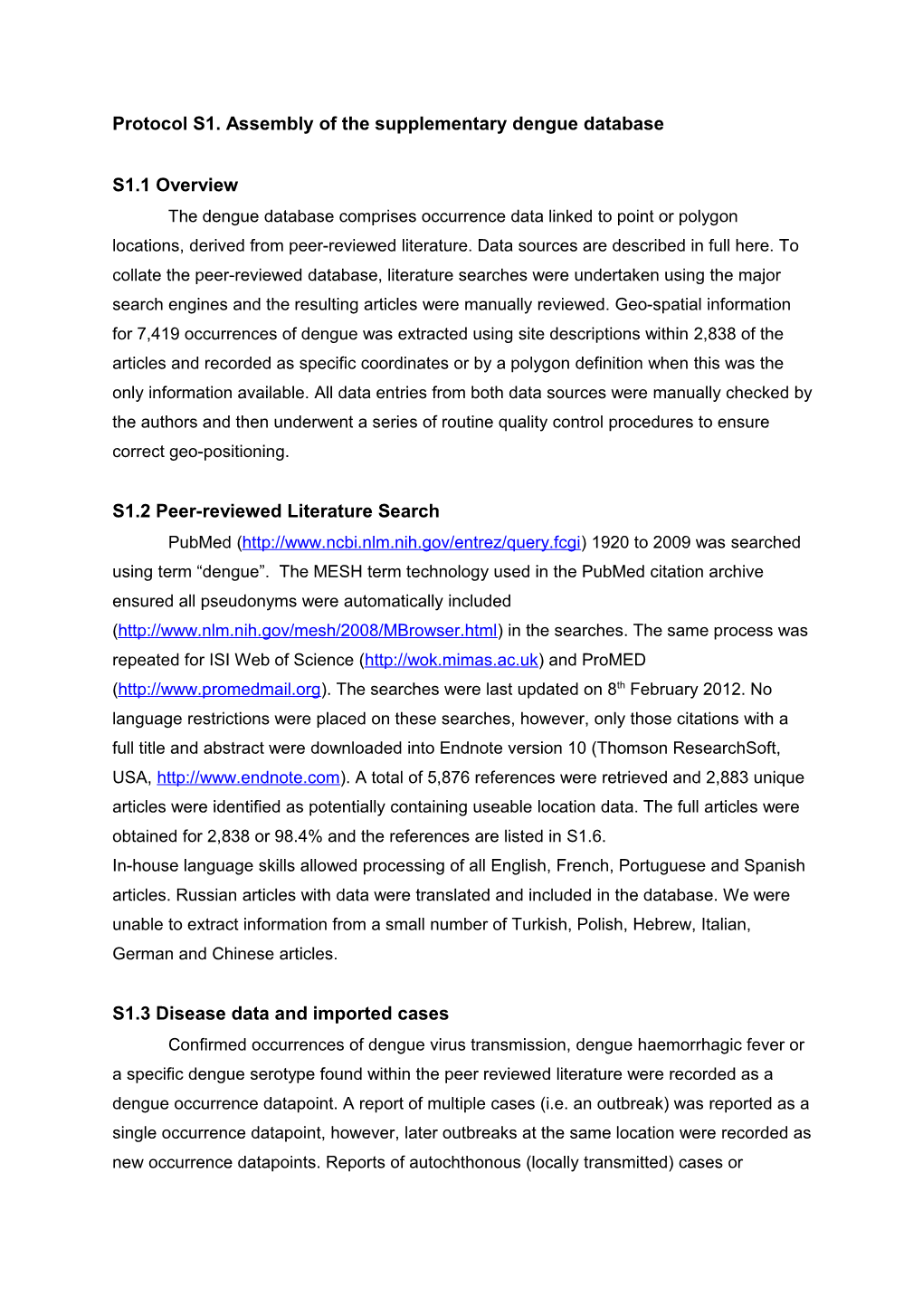 Protocol S1. Assembly of the Supplementary Dengue Database