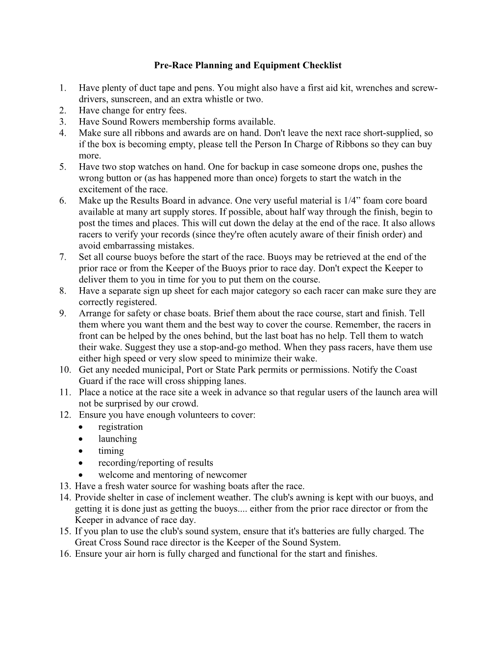 DRAFT Pre-Race Planning and Equipment Checklist DRAFT