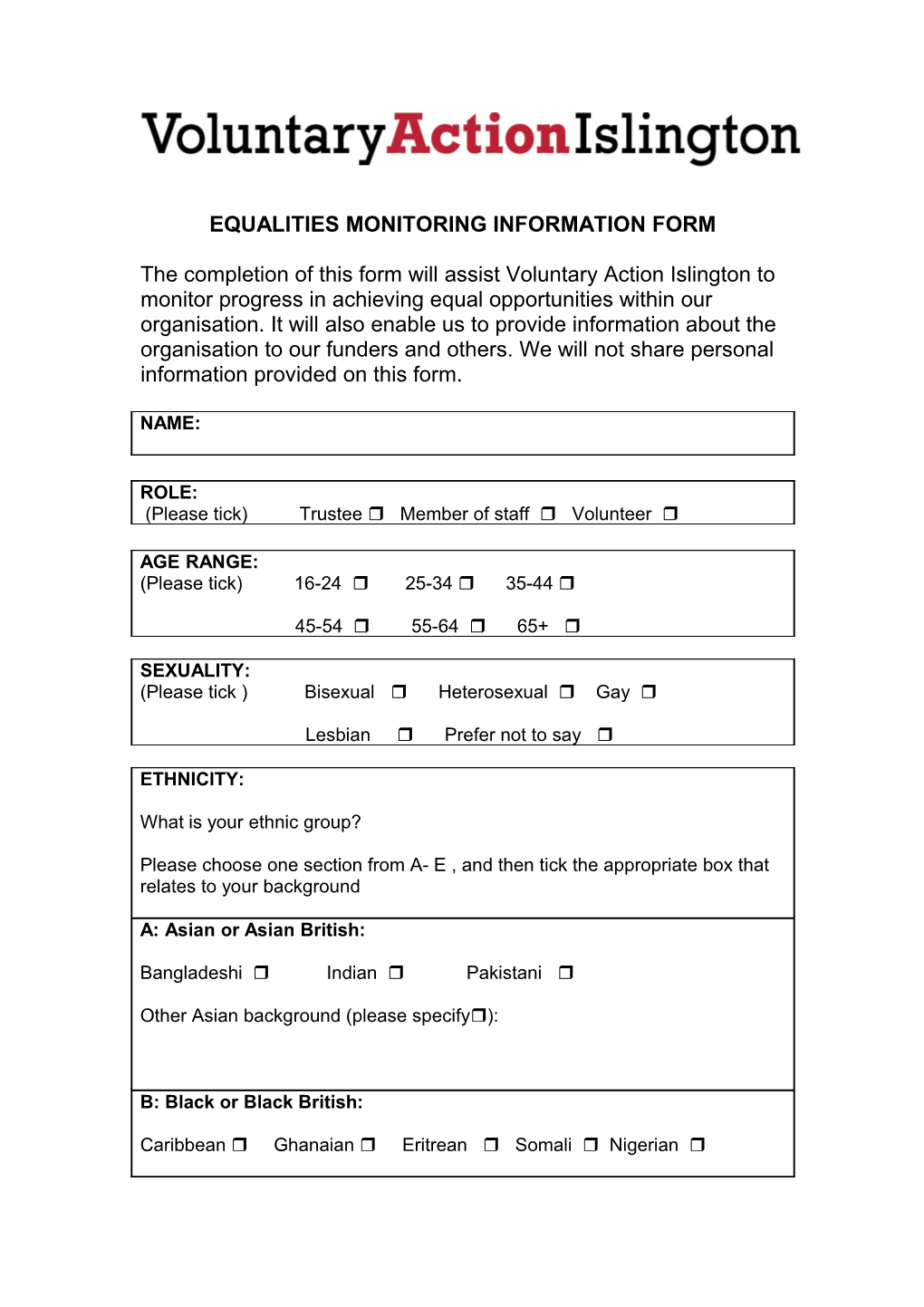 Equalities Monitoring Information Form