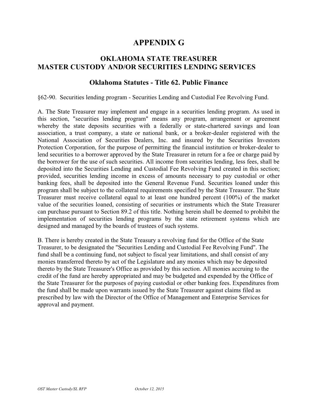 Master Custody And/Or Securities Lending Services