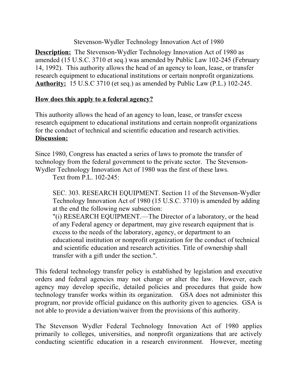 Stevenson-Wydler Technology Innovation Act of 1980