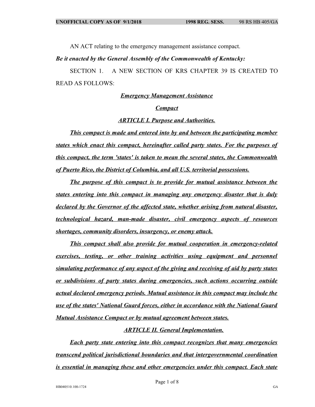 AN ACT Relating to the Emergency Management Assistance Compact