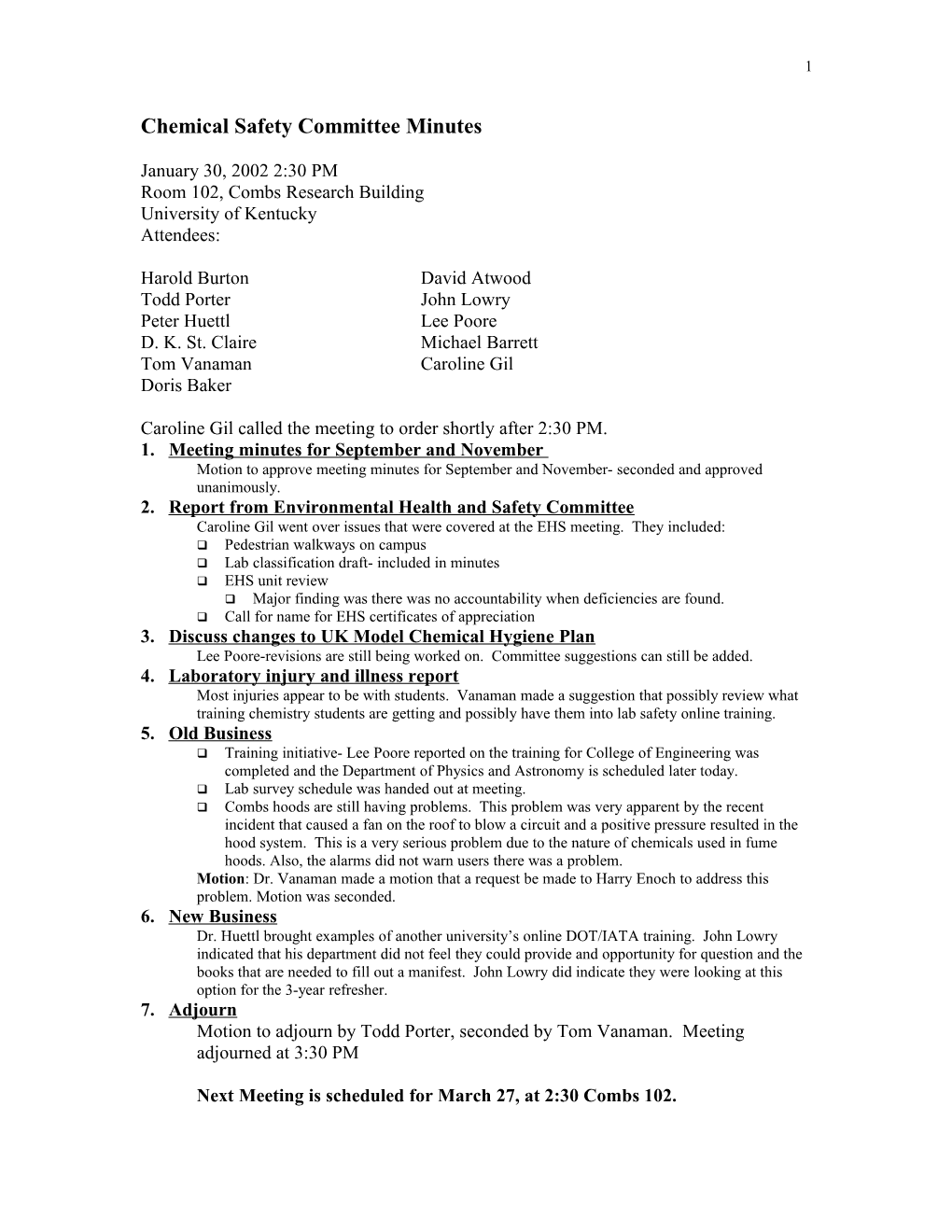 Chemical Safety Committee Minutes