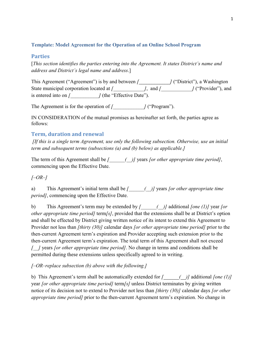 Template: Model Agreement for the Operation of an Online School Program