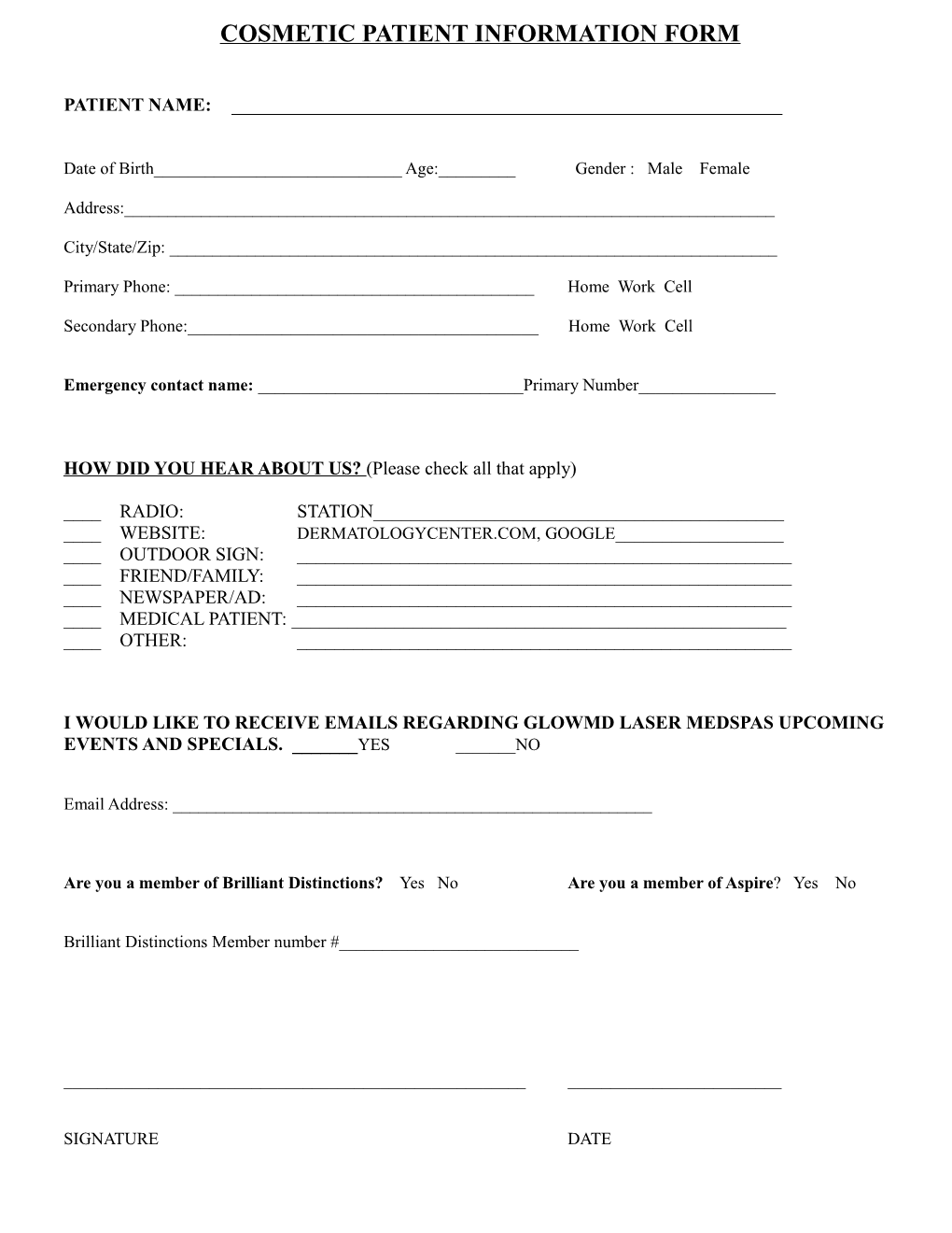 Cosmetic Patient Information Form