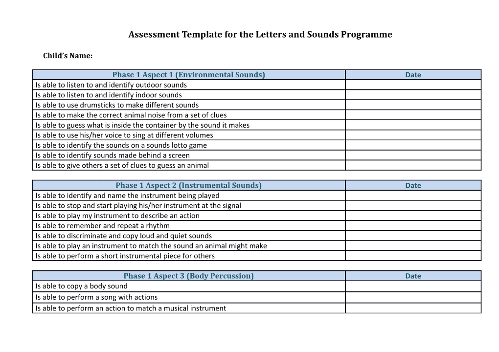 Assessment Template for the Letters and Sounds Programme