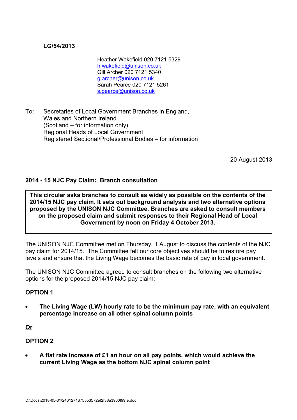 Pay Claim for Local Government 2014-2015