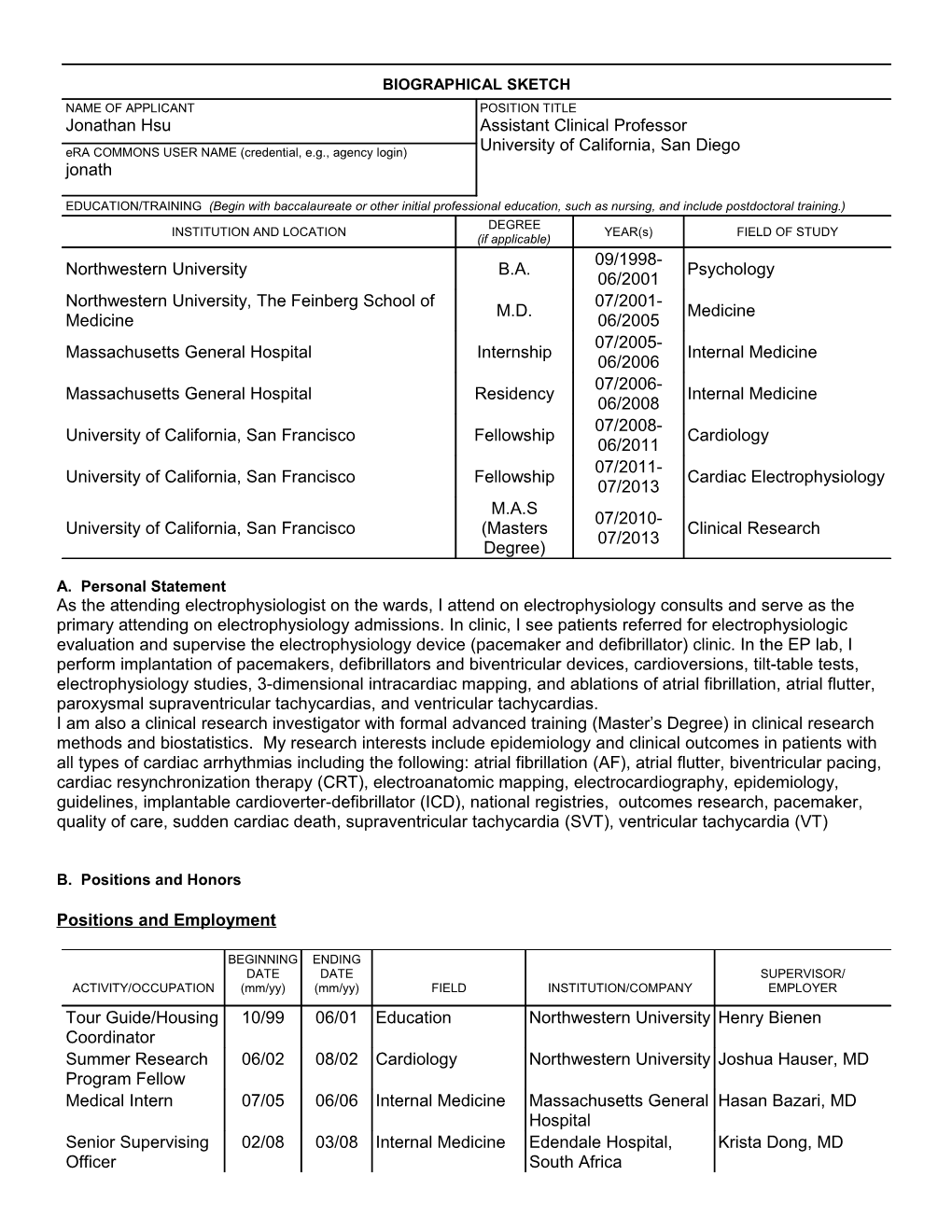 PHS 416-1Applicant-Fellowbiosketch (Rev.9/08), Applicant/Fellow Biographical Sketch Format Page