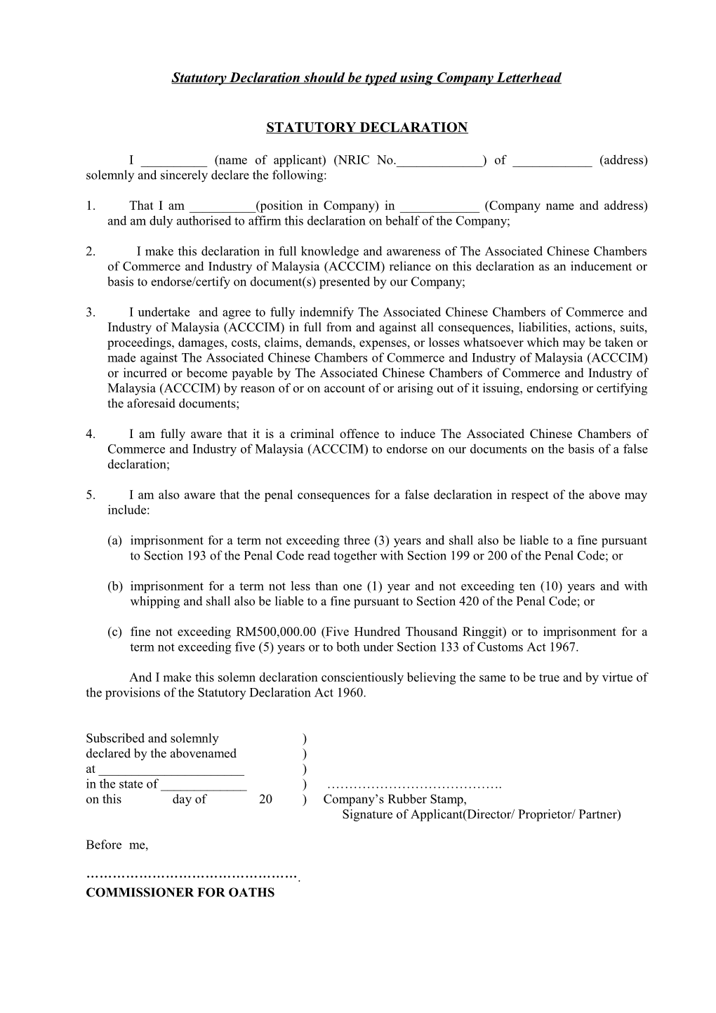 Statutory Declaration Should Be Typed Using Company Letterhead