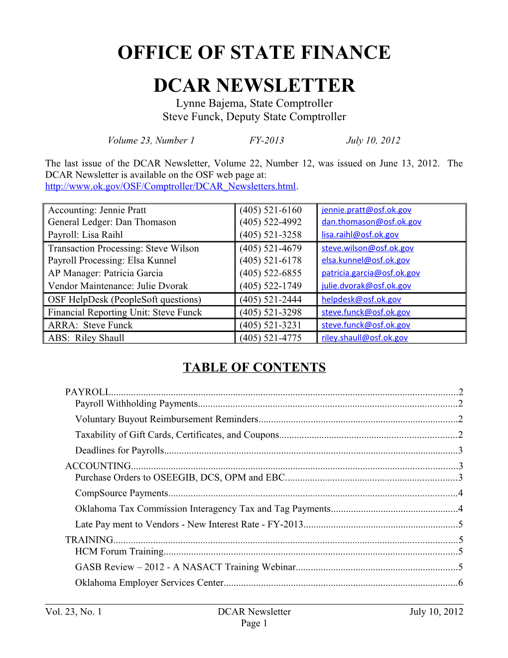 Office of State Finance DCAR Newsletter, July 10, 2012