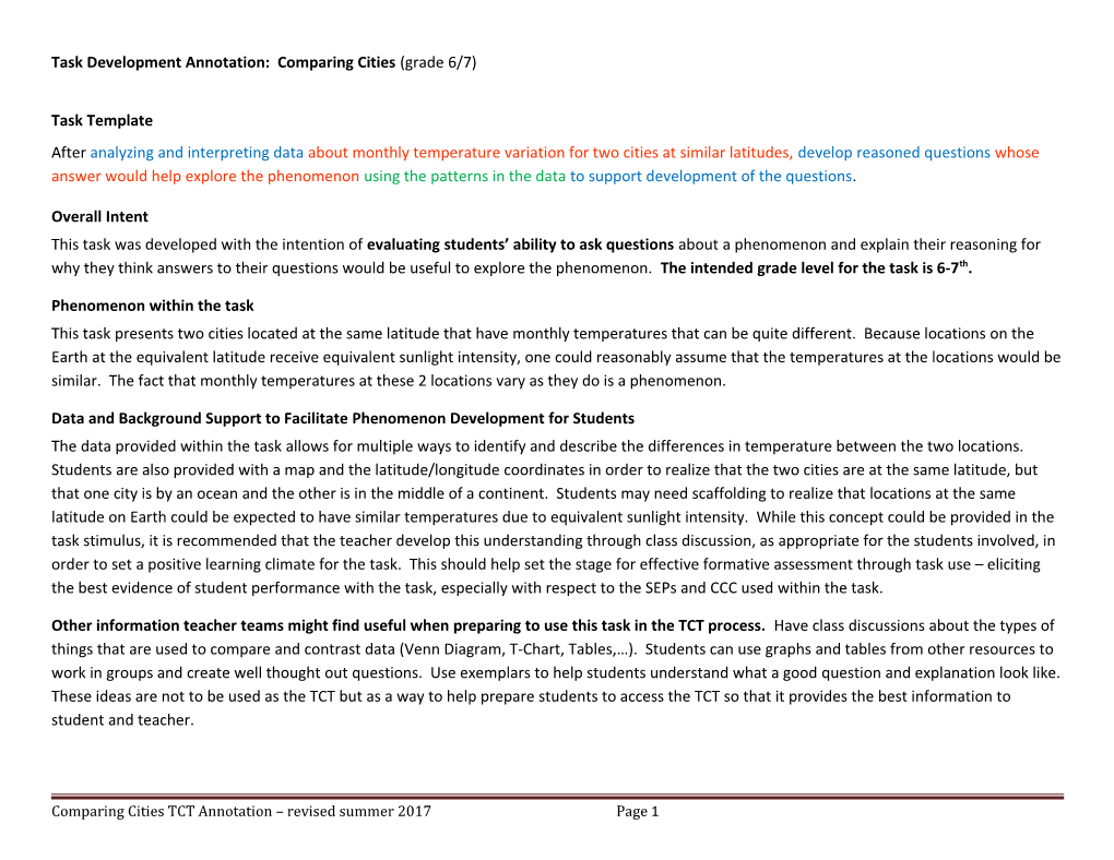 Task Development Annotation: Comparing Cities (Grade 6/7)