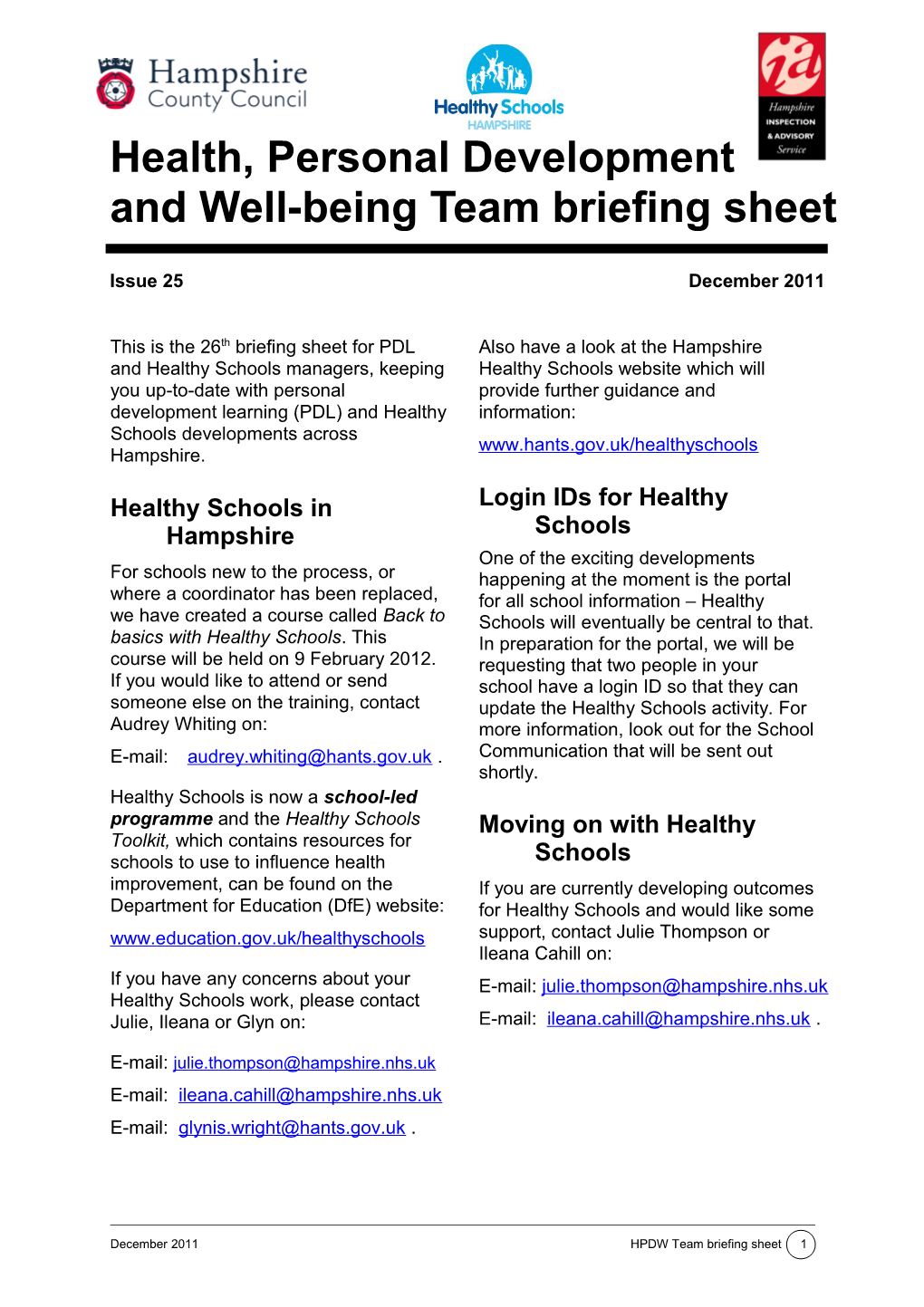 Heading 1Health, Personal Developmentand Well-Being Team Briefing Sheet