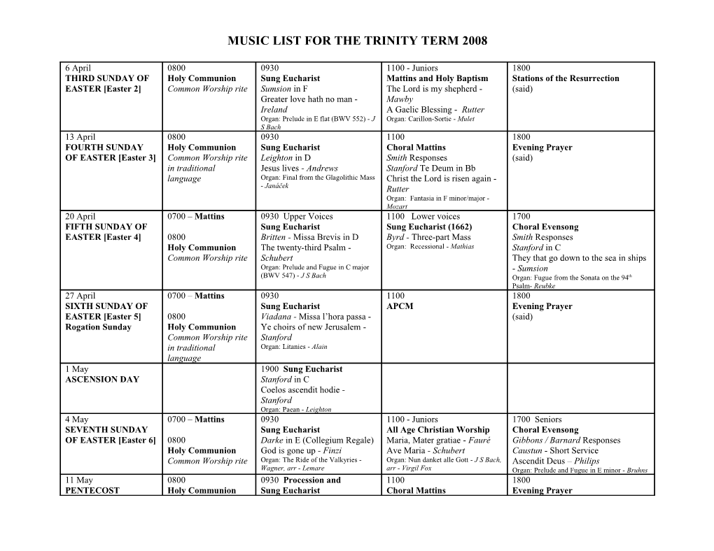 Music List for the Trinity Term 2008