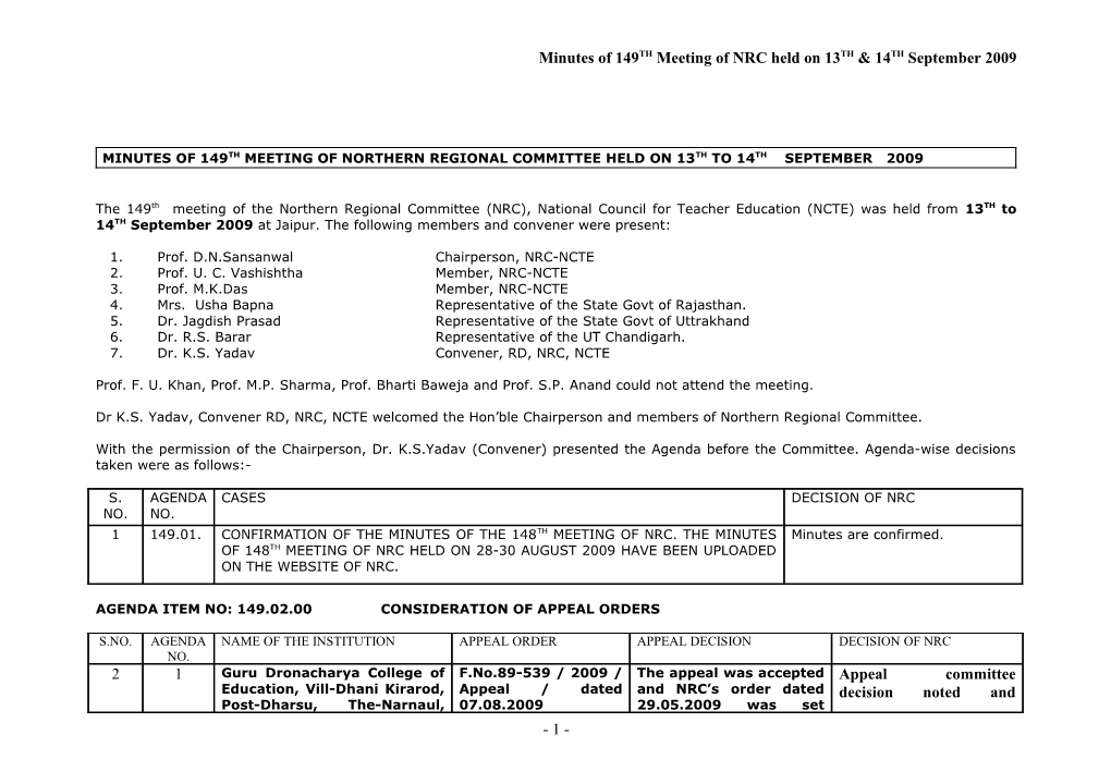 MINUTES of 131St (3RD Sitting) MEETING of NORTHERN REGIONAL COMMITTEE HELD on AUGUST 29TH-31St