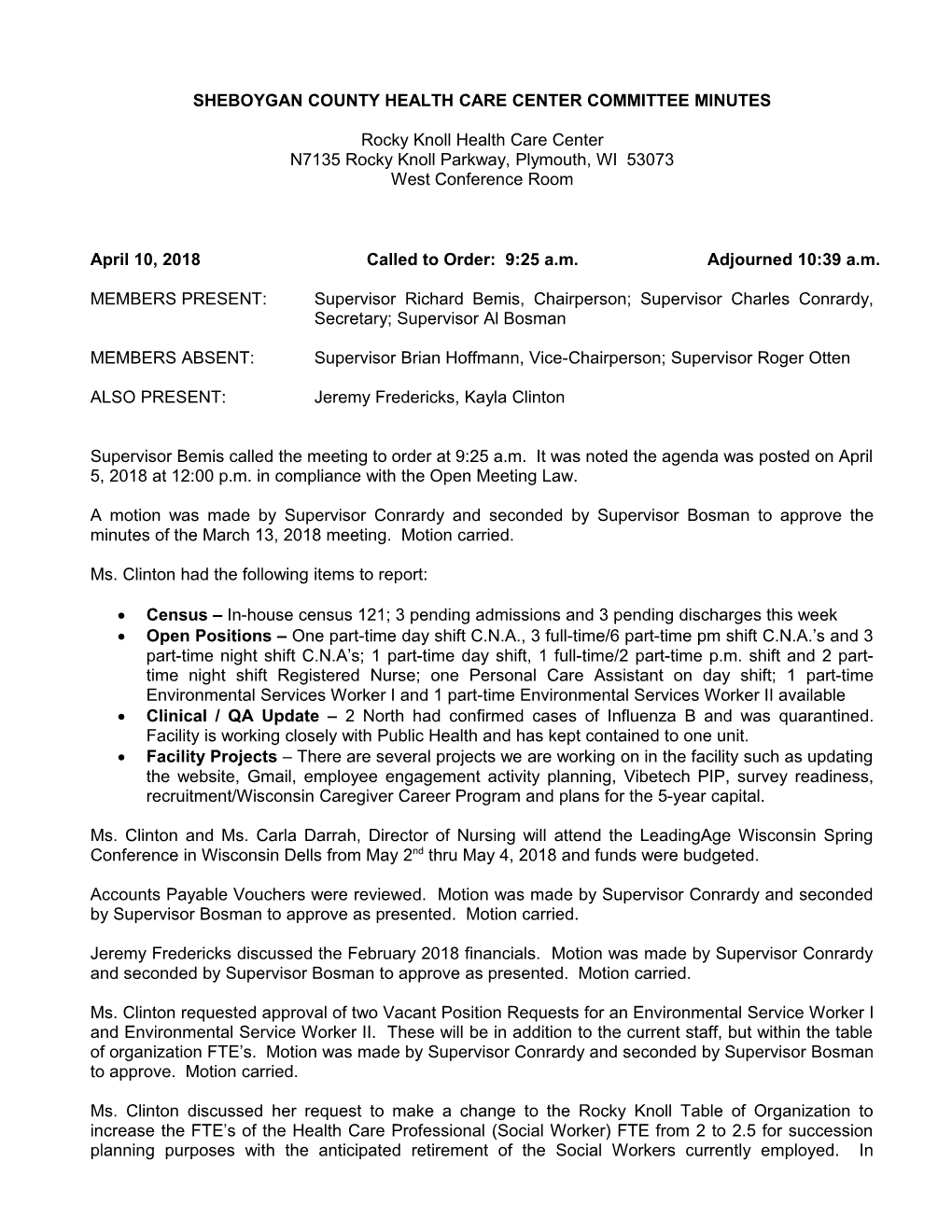 Sheboygan County Health Care Center Committee Minutes