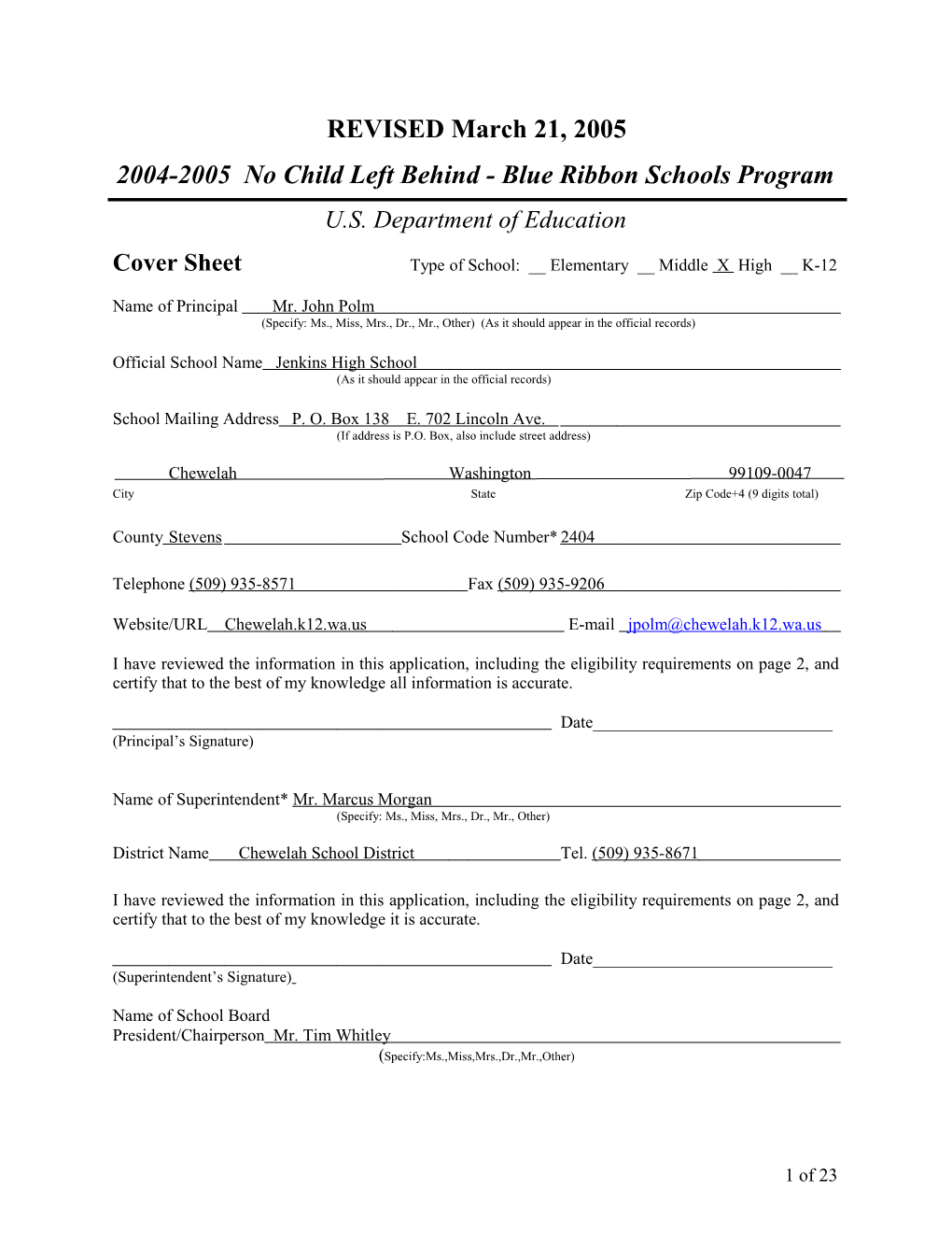 Jenkins High School Application: 2004-2005, No Child Left Behind - Blue Ribbon Schools