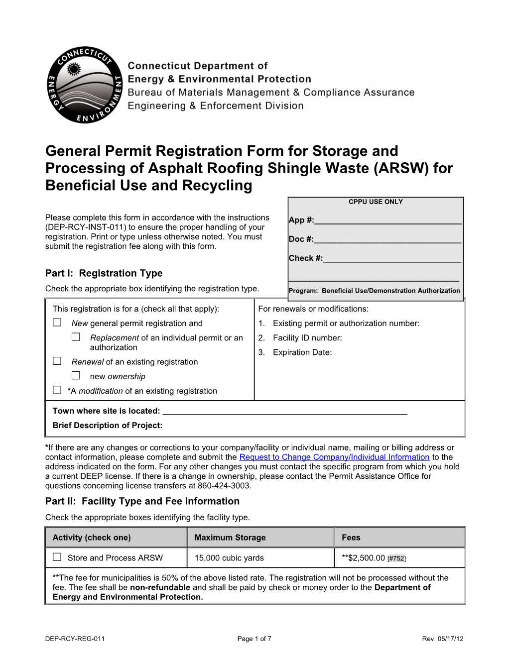 General Permit Registration Form for Storage and Processing of Asphalt Roofing Shingle