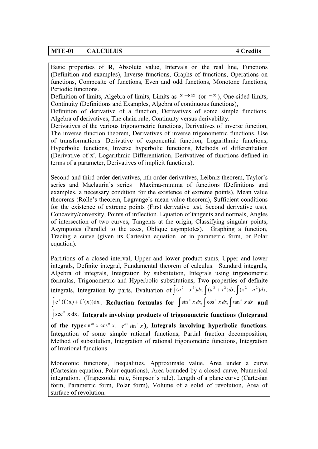 MTE-01 CALCULUS 4 Credits