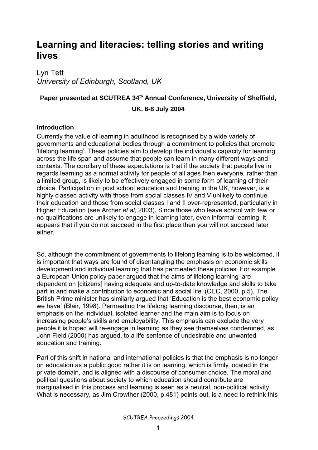 Paper Presented at SCUTREA 34Th Annual Conference, University of Sheffield, UK
