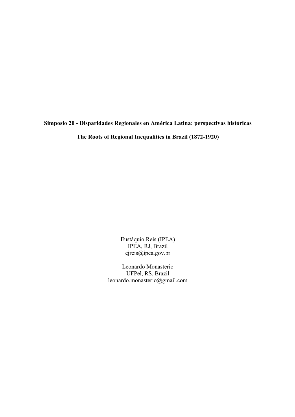 Spatial Changes in Economic Activity: Brazil, 1872-1920