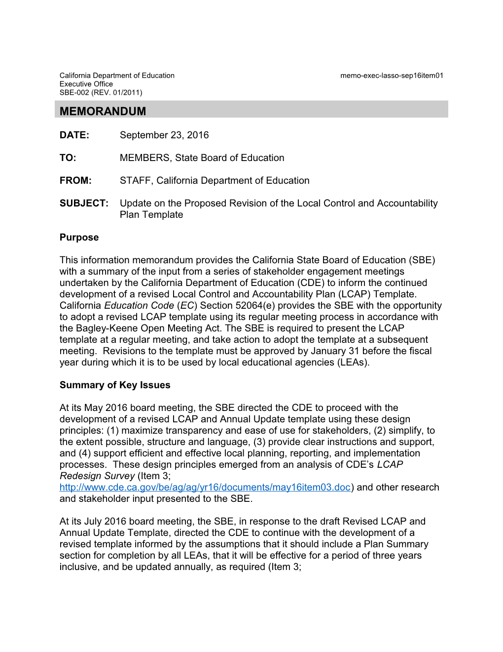 September 2016 Memo EXEC LASSO Item 01 - Information Memorandum (CA State Board of Education)