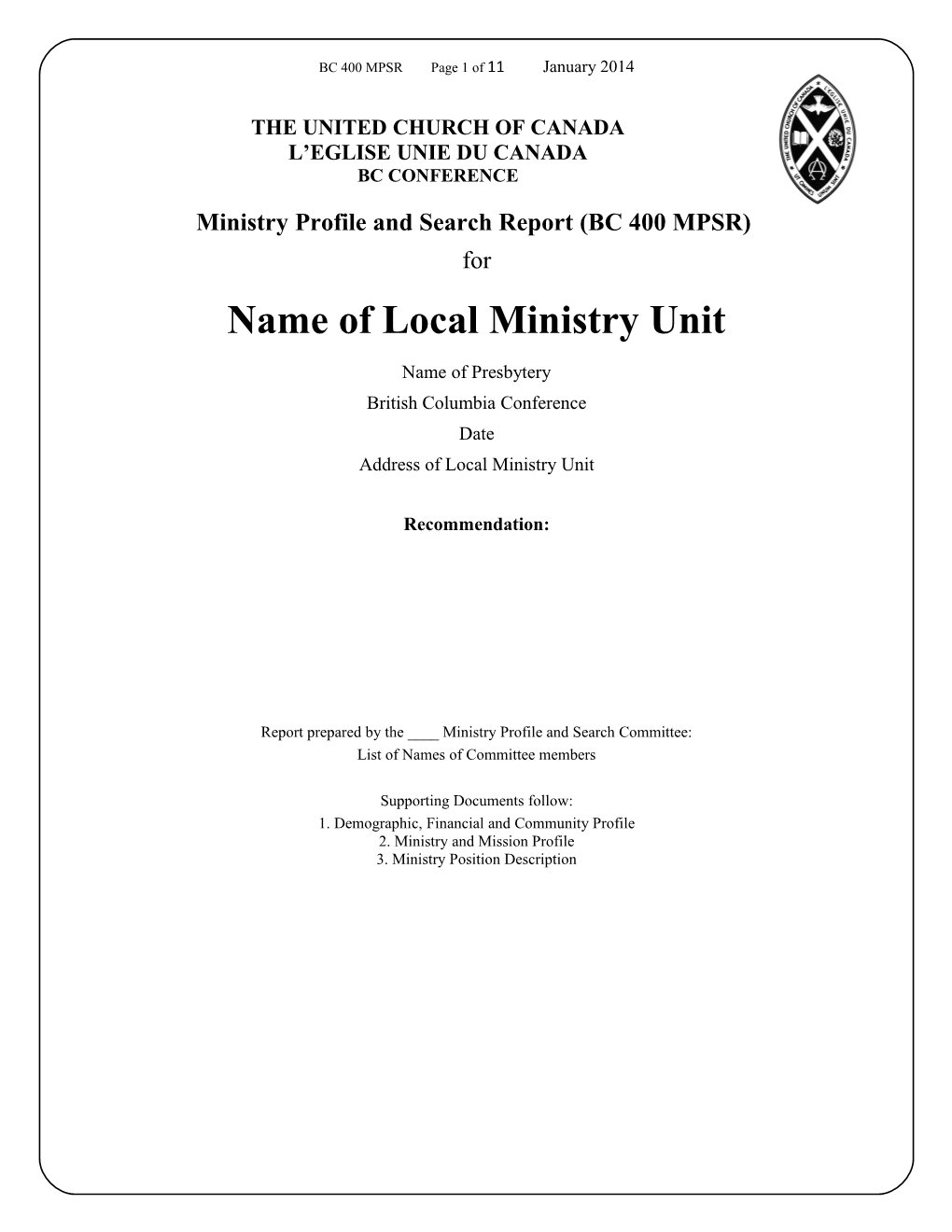 LOCAL MINISTRY-TORONTO CONFERENCE-Form-Demographic Financial and Community Profile