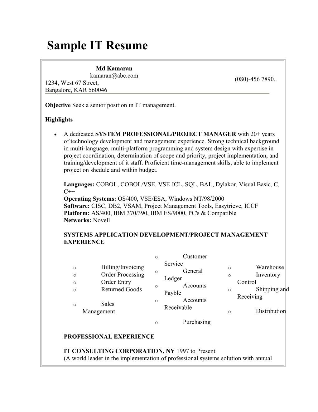 Sample IT Resume