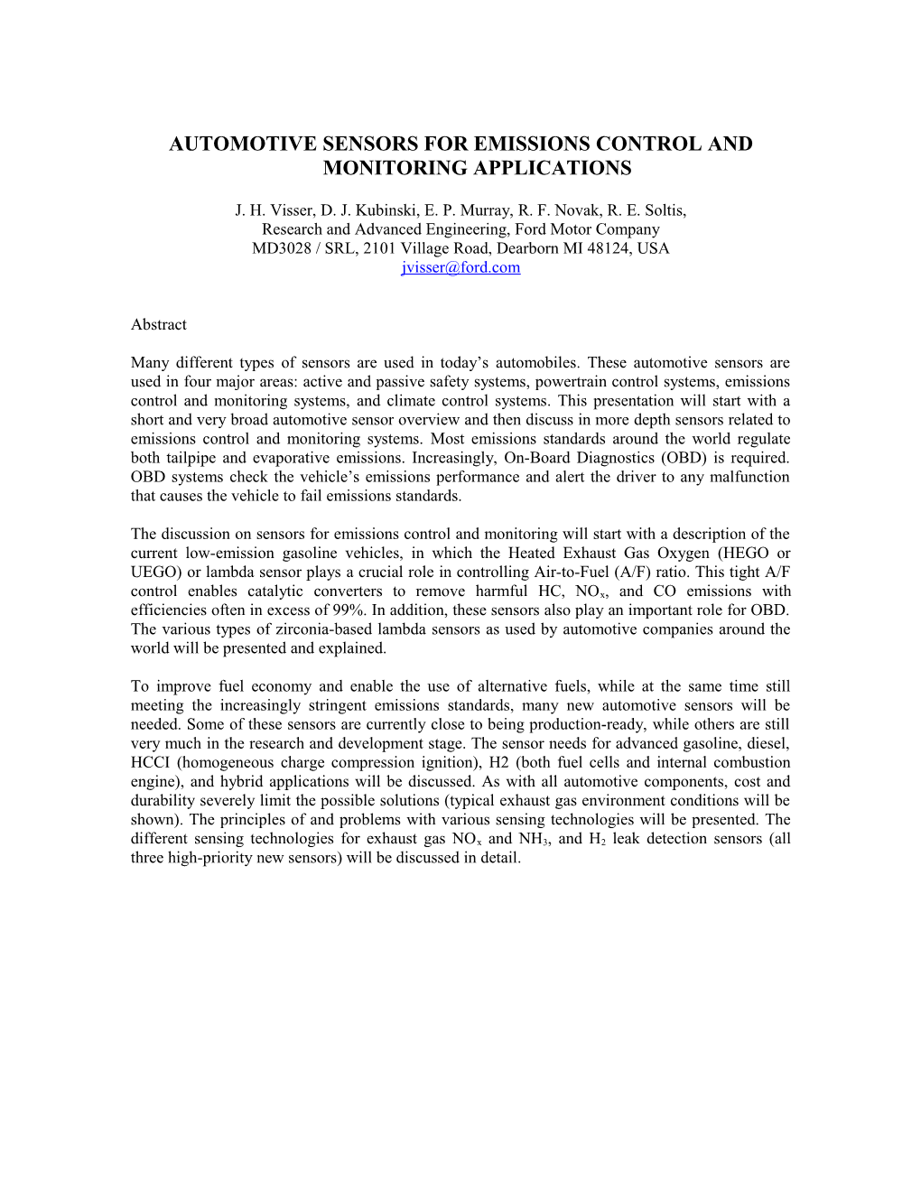 Automotive Sensors for Emissions Control and Monitoring Applications