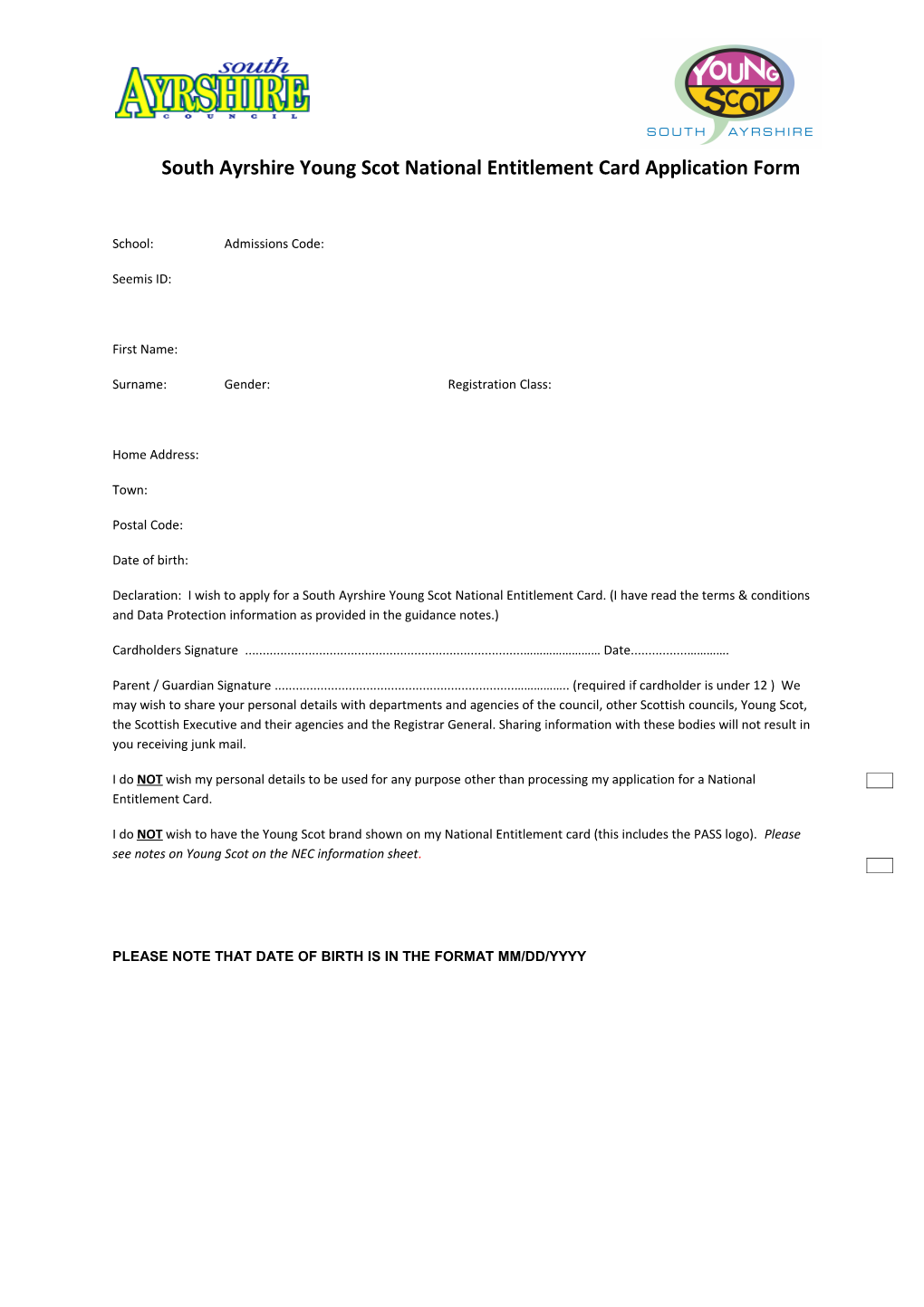 South Ayrshire Young Scot National Entitlement Card Application Form