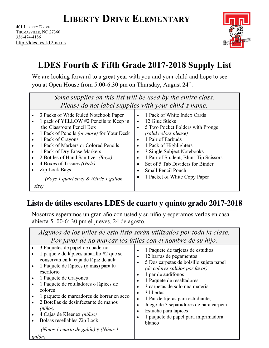 LDES Fourth & Fifth Grade 2017-2018 Supply List