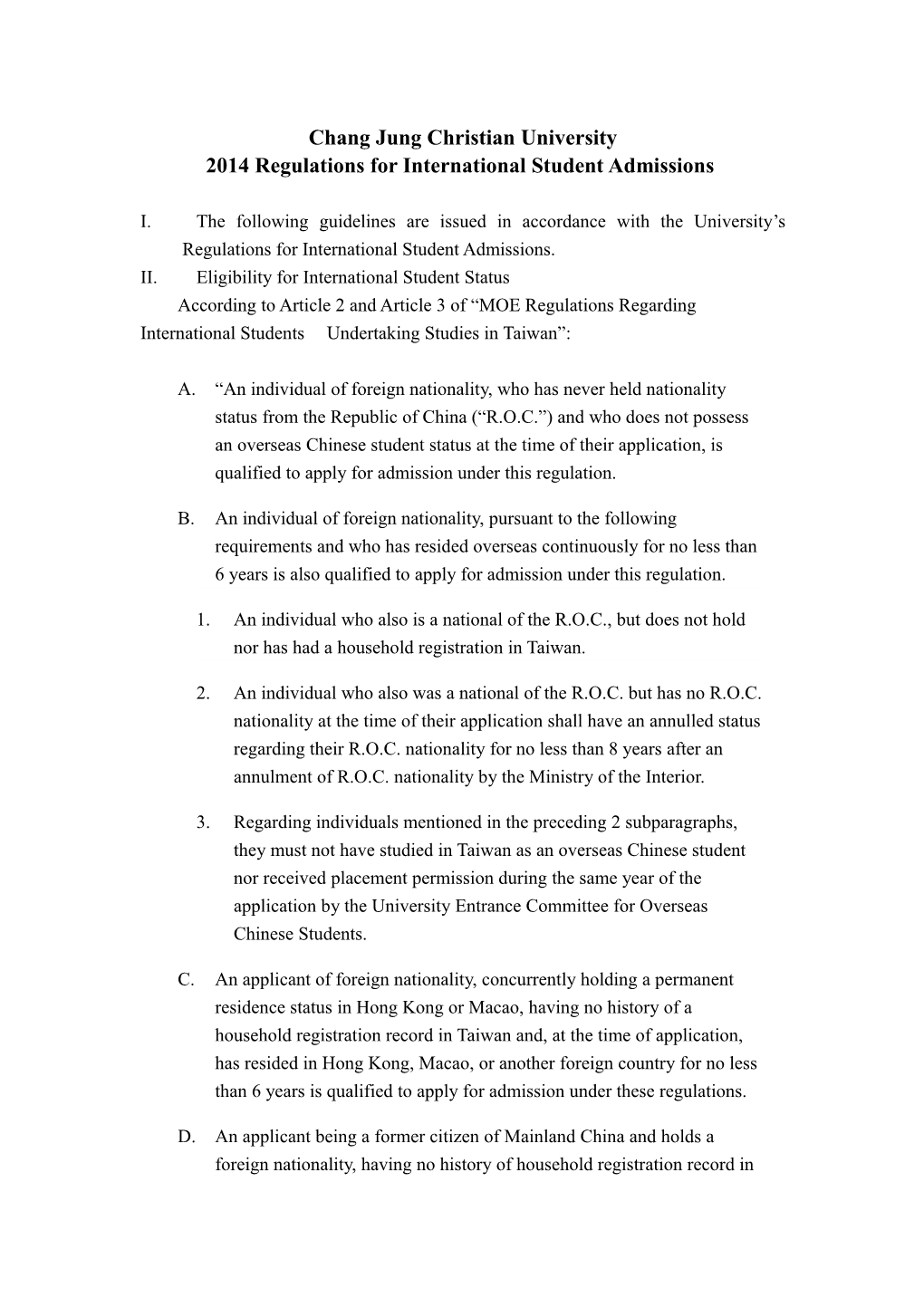 2014 Regulations for International Student Admissions