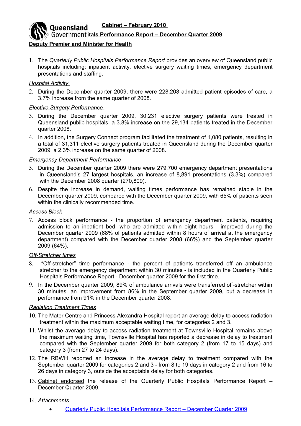 Quarterly Public Hospitals Performance Report December Quarter 2009