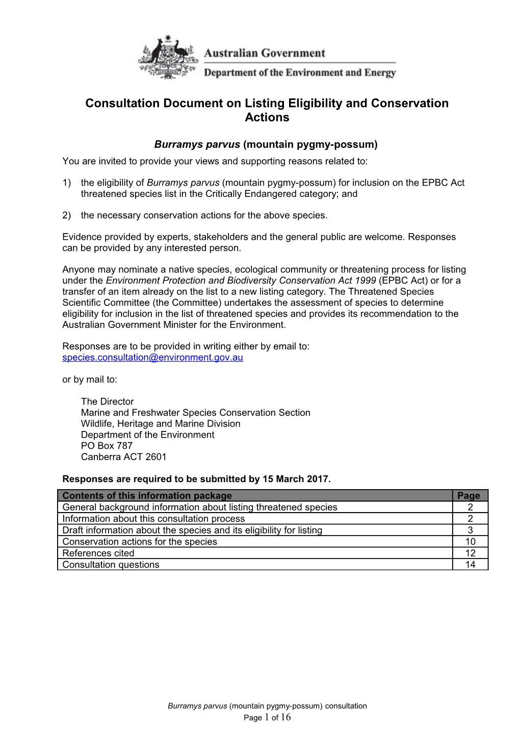 Consultation Document on Listing Eligibility and Conservation Actions - Burramys Parvus