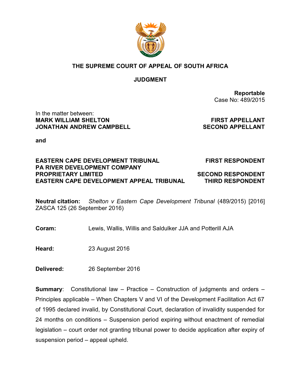The Supreme Court of Appeal of South Africa s20