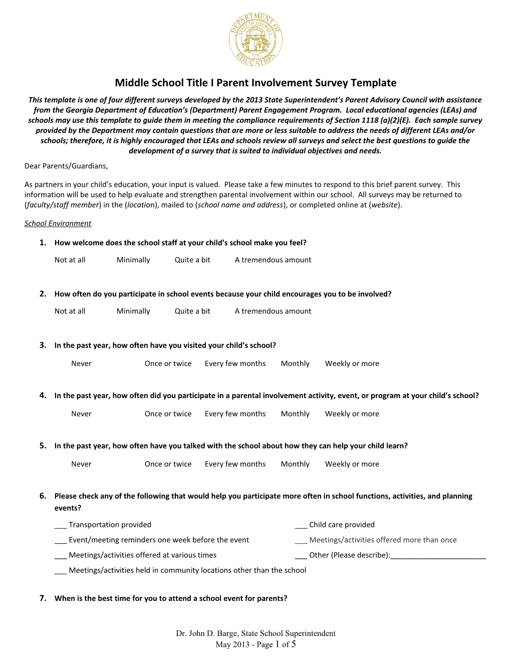 Middle School Title I Parent Involvement Survey Template
