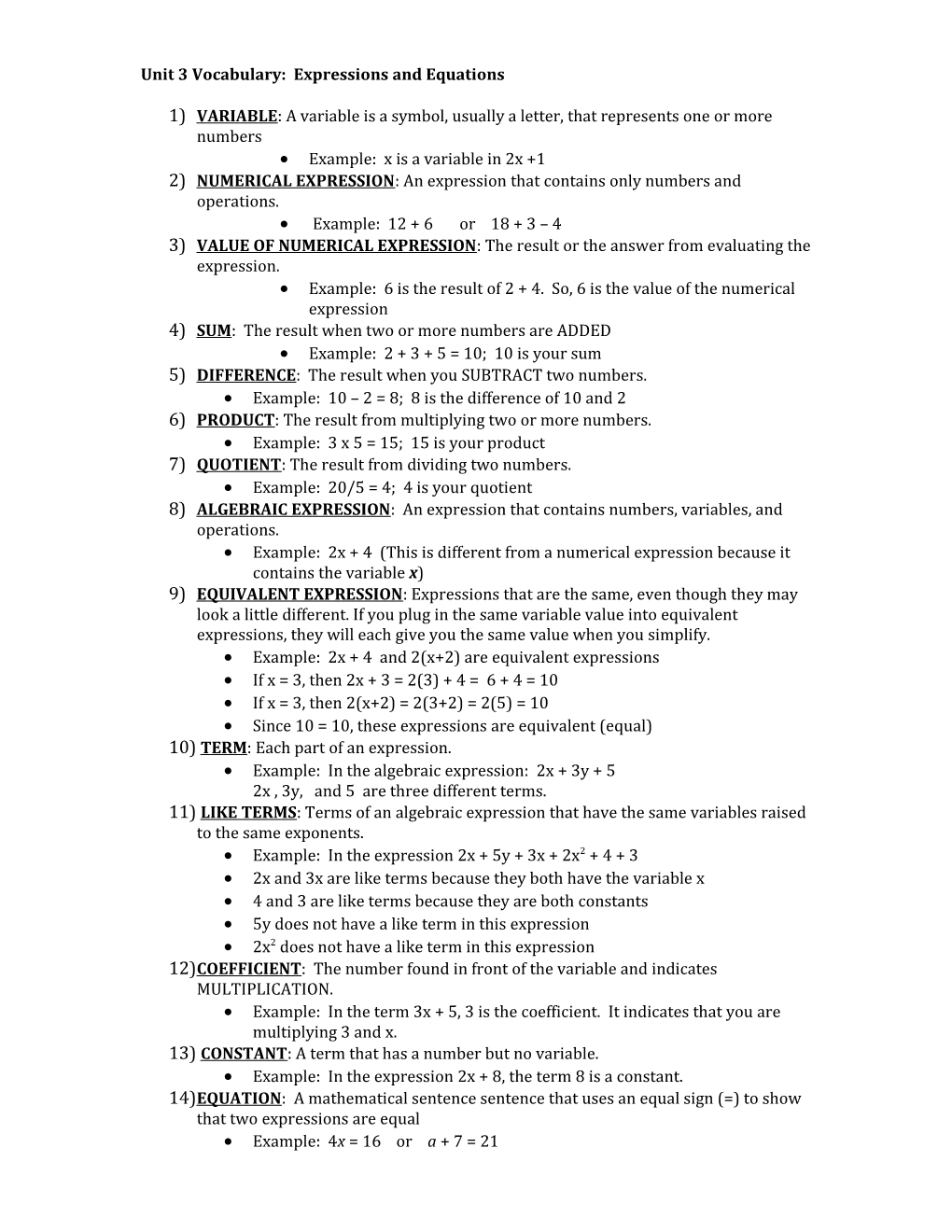 Unit 3 Vocabulary: Expressions and Equations