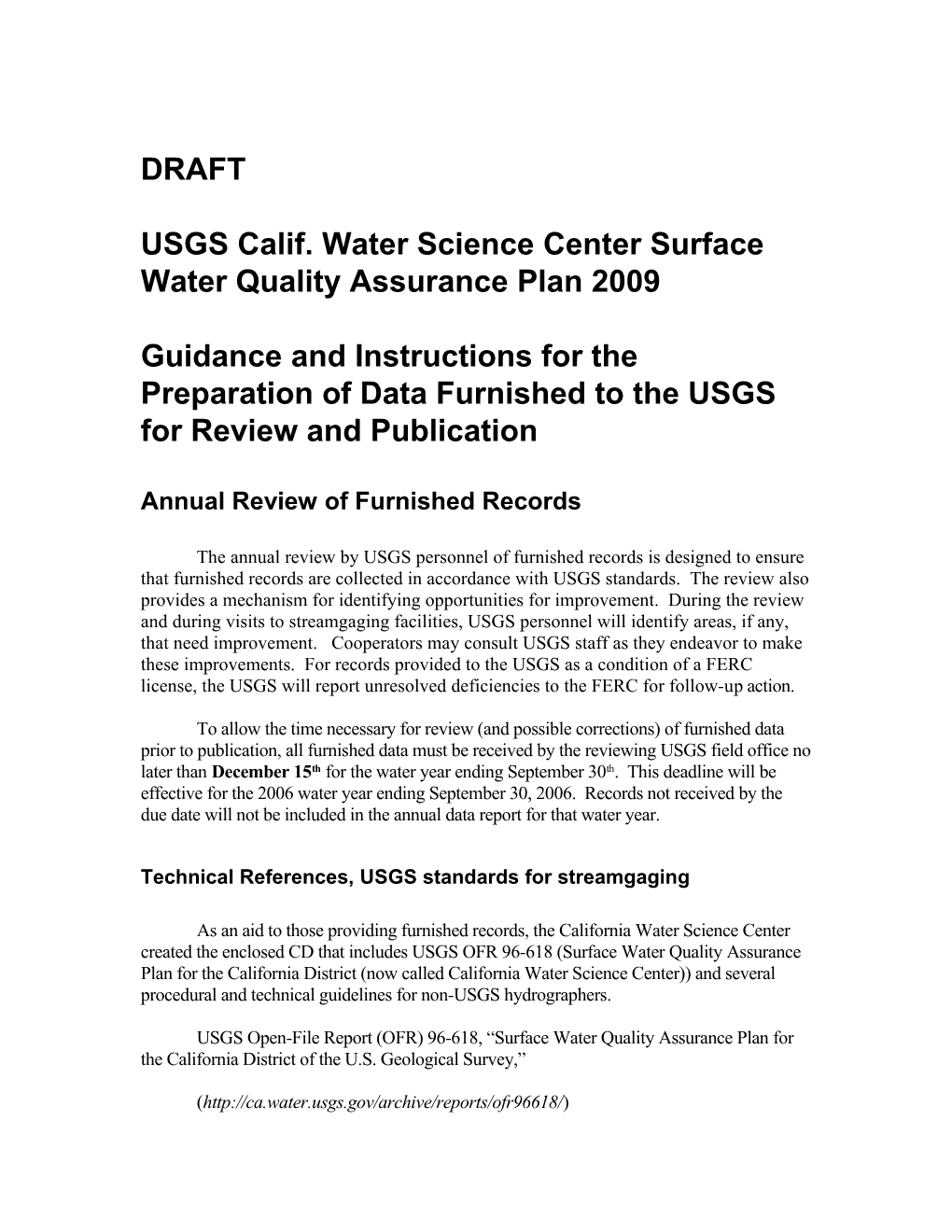 USGS Calif. Water Science Center Surface Water Quality Assurance Plan 2009
