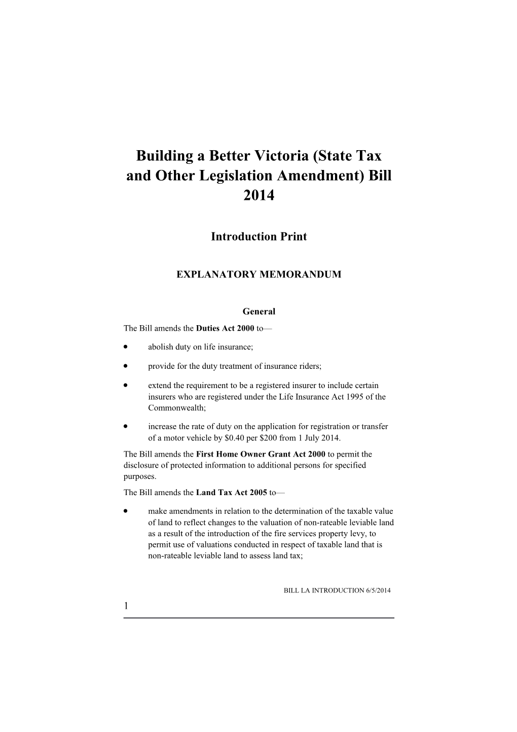 Building a Better Victoria (State Tax and Other Legislation Amendment) Bill 2014